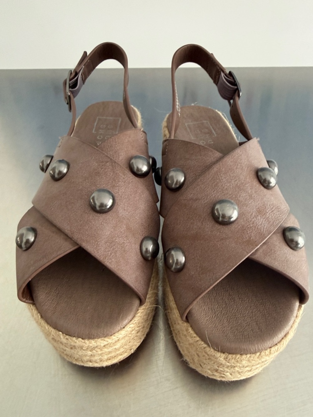 ShuShop Brown Studded Platform Espadrille Sandals
